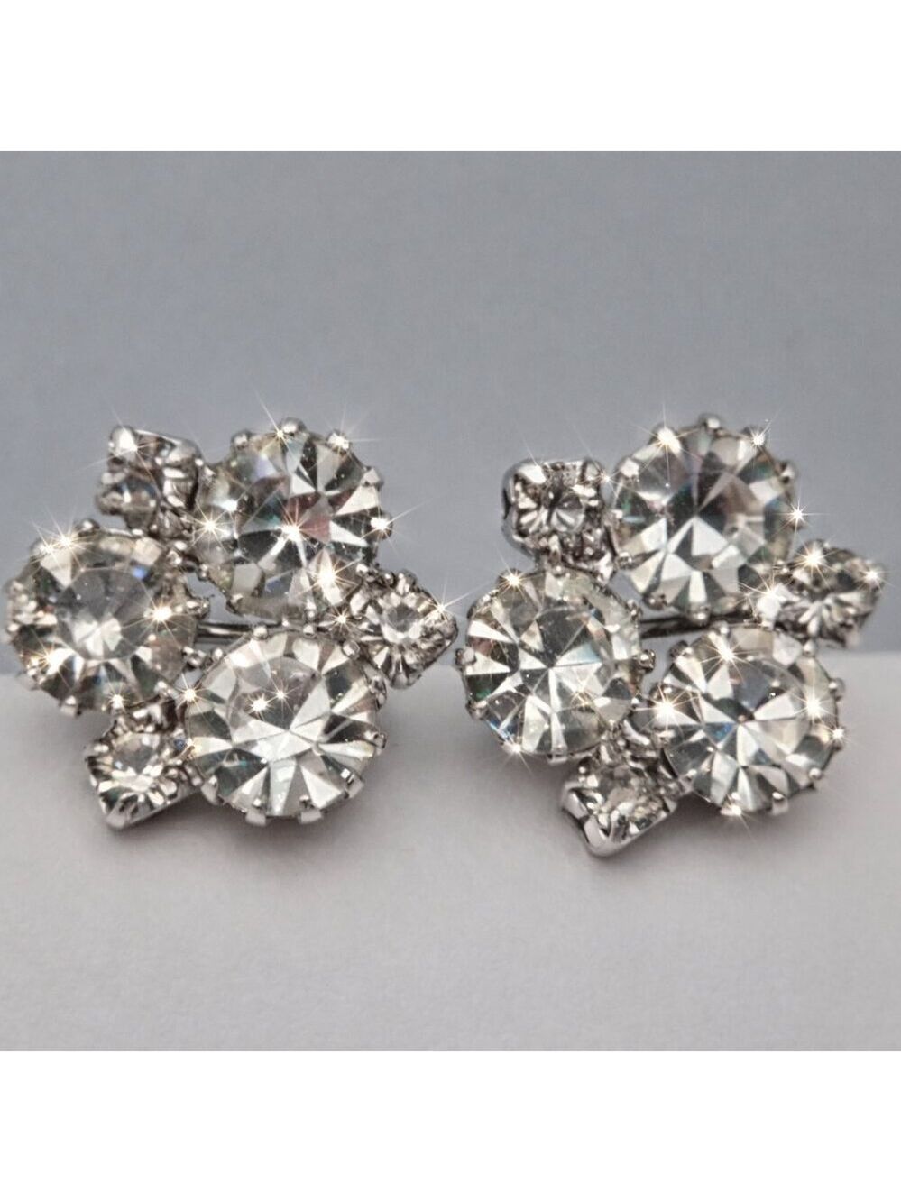 Vintage Rhinestone Screw Back Earrings Silver-Tone Cluster Bridal Wedding
